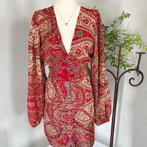 Nasty Gal Red and Cream Paisley Long Sleeve Dress
